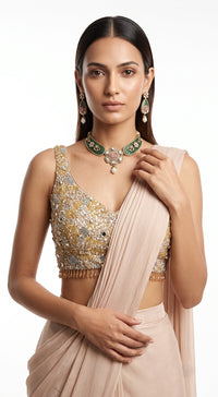 PEACH SEQUINS EMBROIDERED DRAPED SAREE - BRR-4810-CHAMPAGNE - image 3