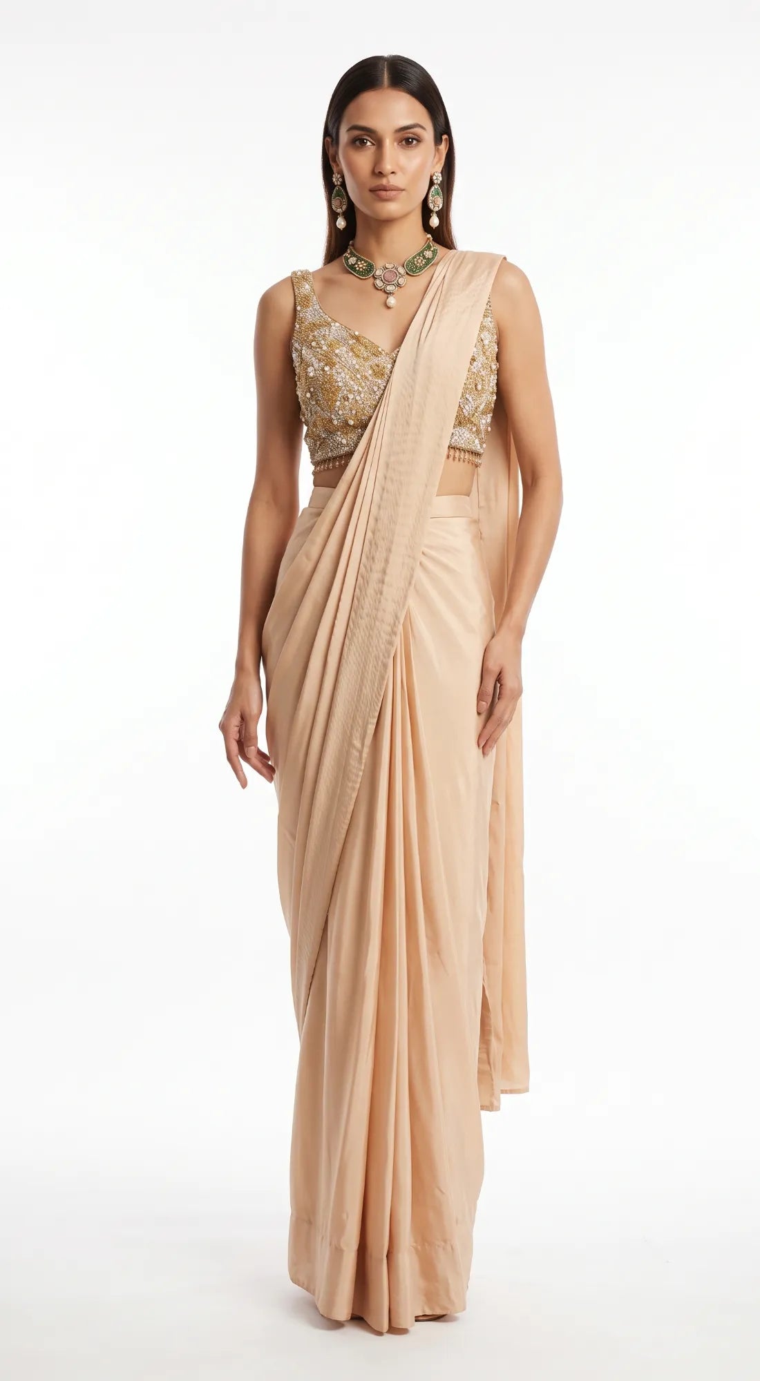PEACH SEQUINS EMBROIDERED DRAPED SAREE - BRR-4810-CHAMPAGNE - image 1