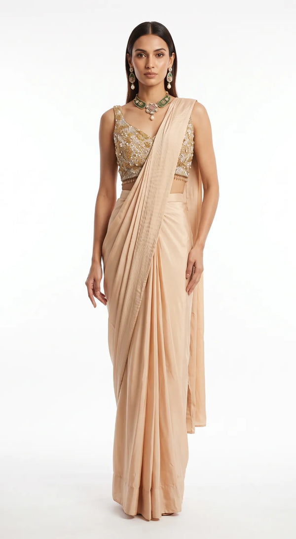 PEACH SEQUINS EMBROIDERED DRAPED SAREE - BRR-4810-CHAMPAGNE - image 1