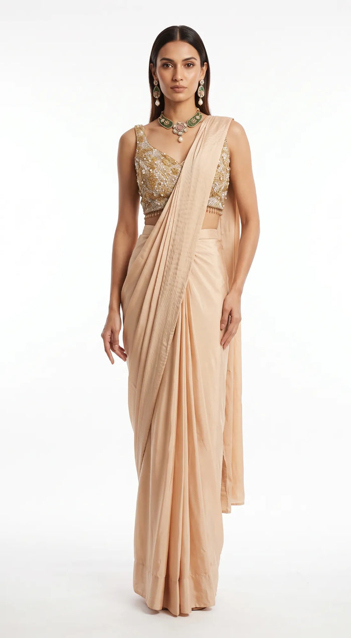 PEACH SEQUINS EMBROIDERED DRAPED SAREE - BRR-4810-CHAMPAGNE - image 1