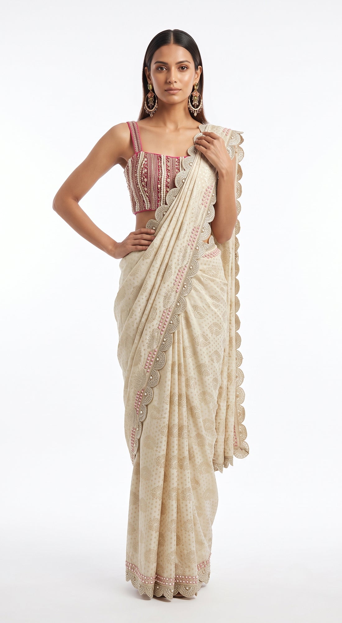 IVORY SCALLOPED EMBROIDERED DRAPED SAREE - BRR-4851-IVORY - image 1