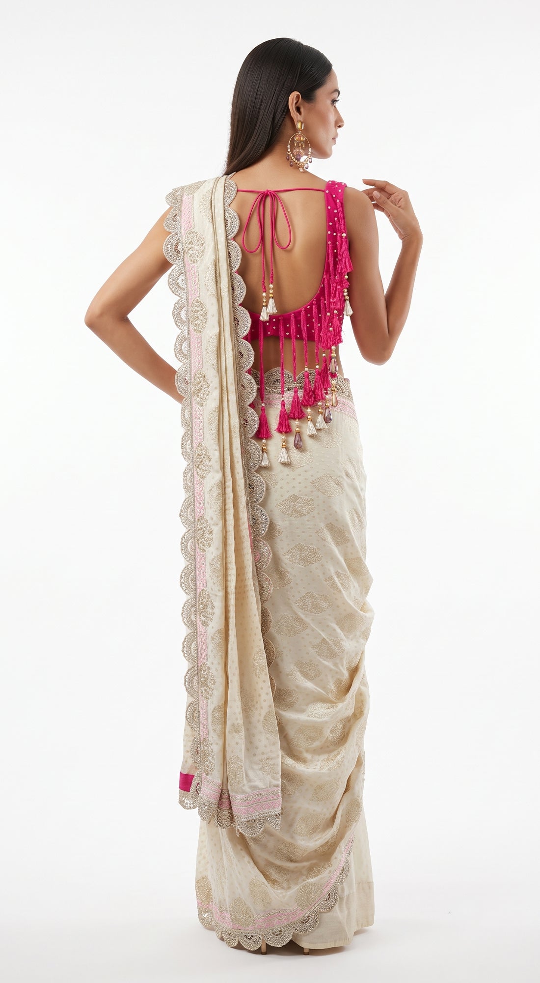 IVORY SCALLOPED EMBROIDERED DRAPED SAREE - BRR-4851-IVORY - image 4