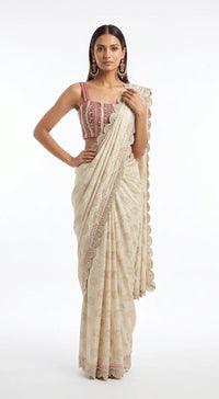 IVORY SCALLOPED EMBROIDERED DRAPED SAREE - BRR-4851-IVORY - image 1