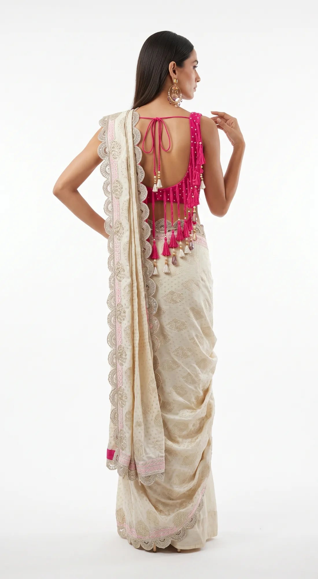 IVORY SCALLOPED EMBROIDERED DRAPED SAREE - BRR-4851-IVORY - image 4