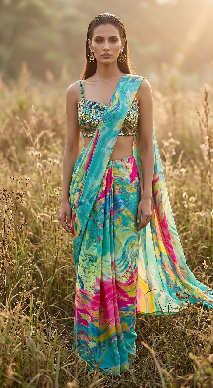 Aqua Crepe Embroidered Saree