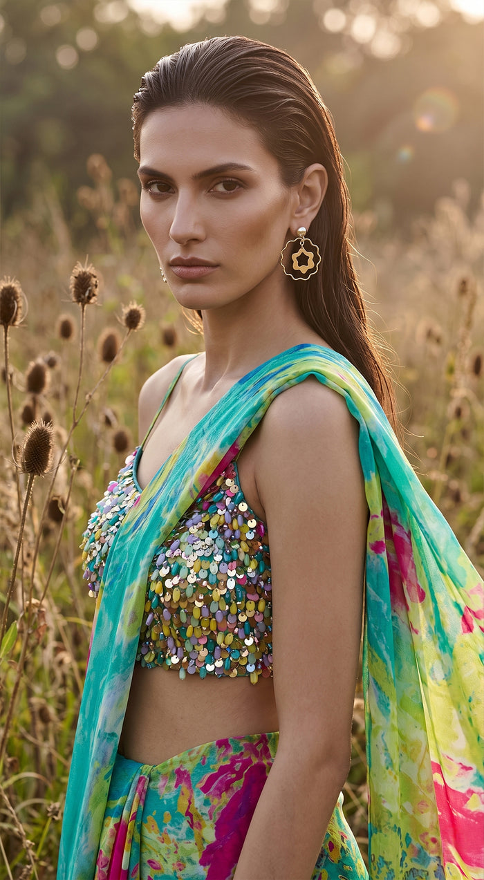 Aqua Crepe Embroidered Saree