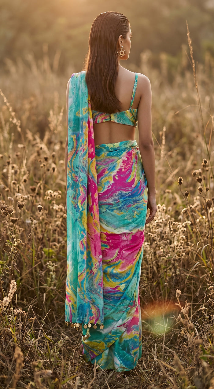 Aqua Crepe Embroidered Saree