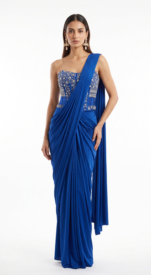 ROYAL BLUE EMBROIDERED DRAPED SAREE - BRR-5010-NAVY-BLUE - image 1