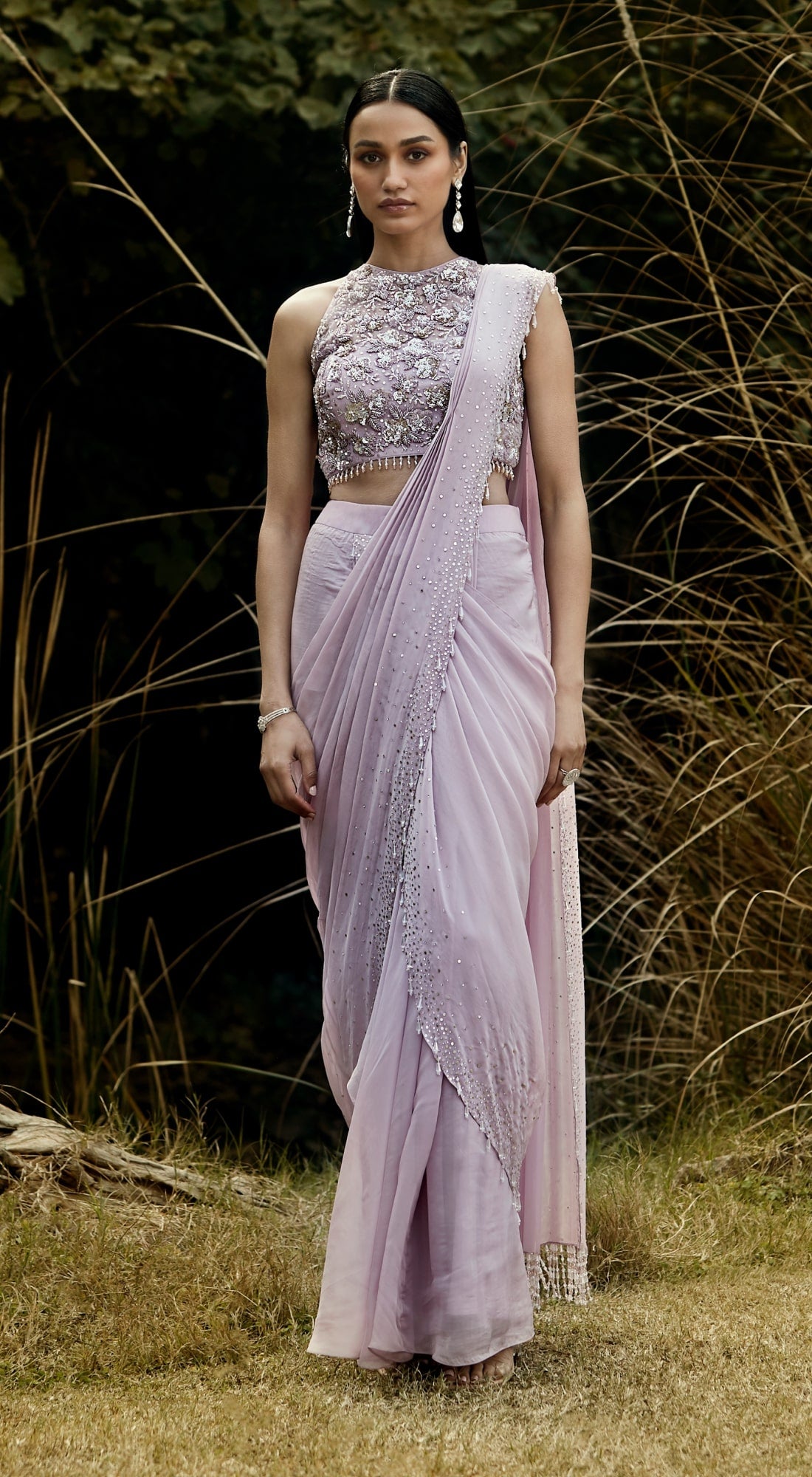 Lilac organza pre draped saree with crystal work by Basanti Kapde Aur Koffee