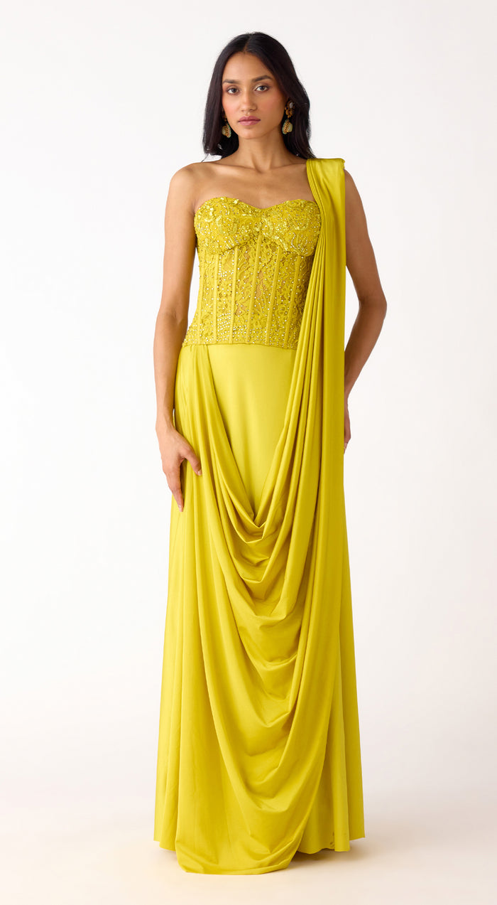 Lime Lycra Embroidered Draped Saree