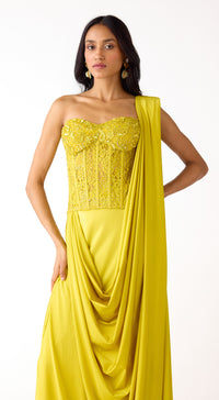 Lime Lycra Embroidered Draped Saree