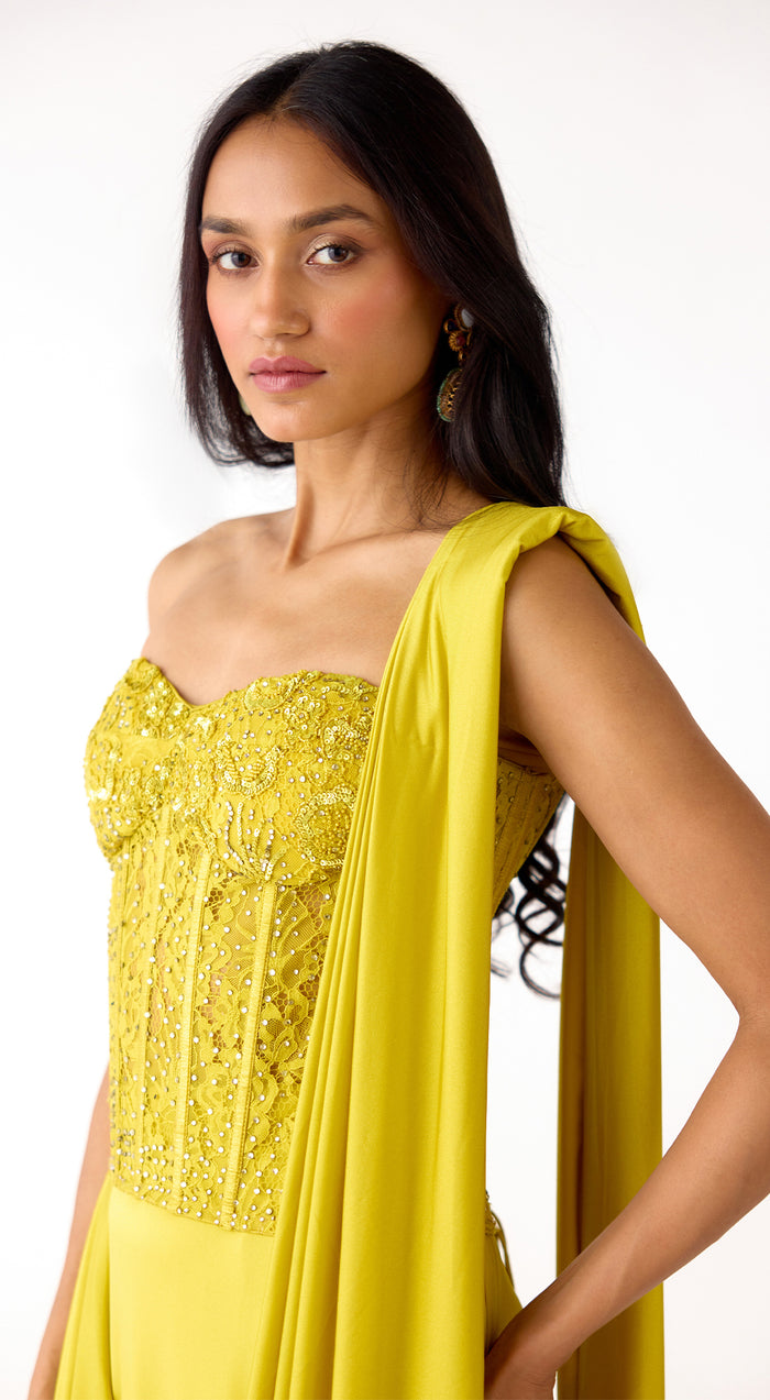 Lime Lycra Embroidered Draped Saree