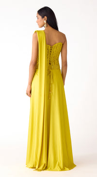 Lime Lycra Embroidered Draped Saree