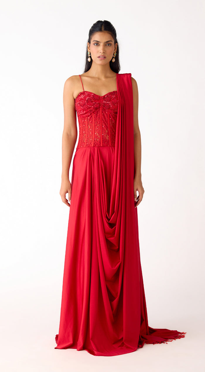 Red Chantley Net Embroidered Draped Saree