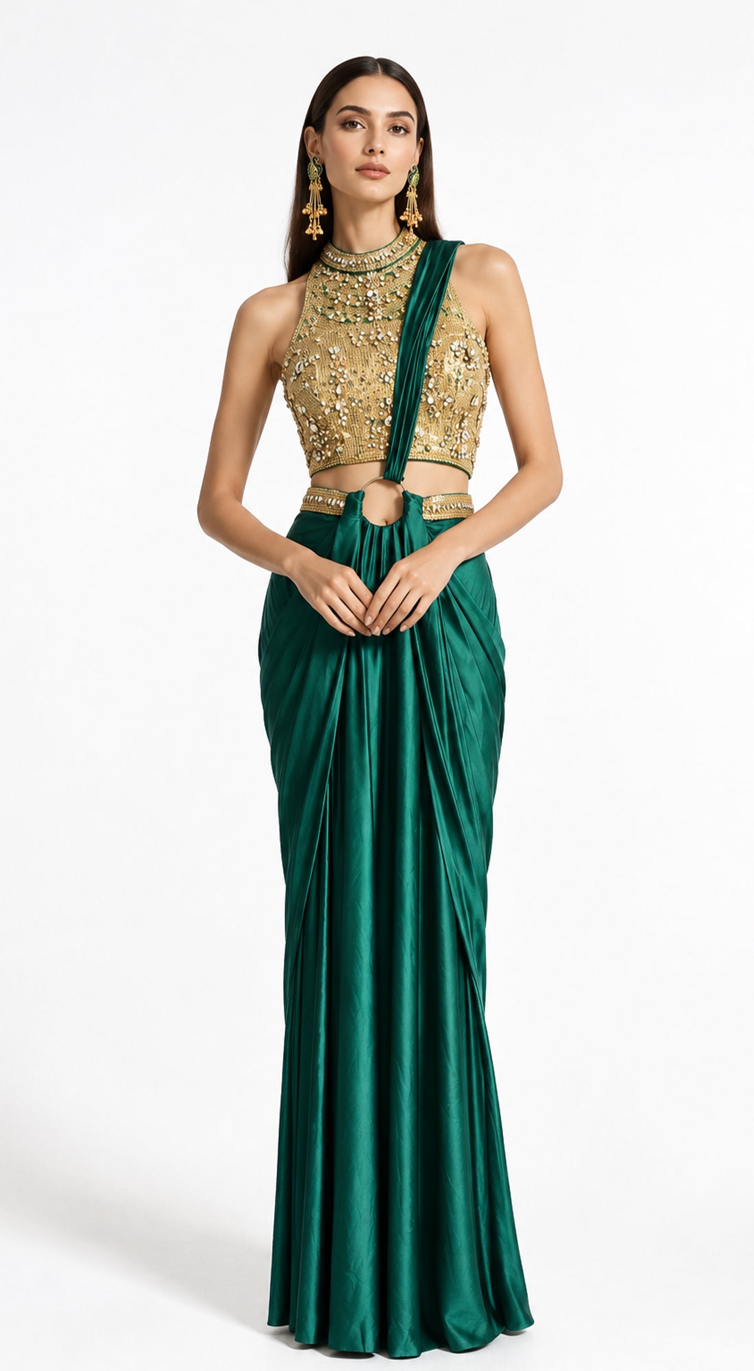 EMERALD GREEN EMBROIDERED DRAPED SAREE - BRV-4938-GREEN - image 1