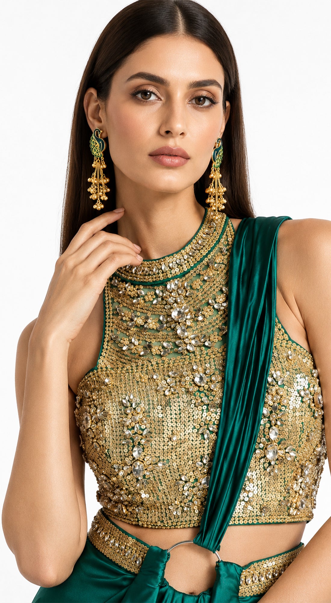 EMERALD GREEN EMBROIDERED DRAPED SAREE - BRV-4938-GREEN - image 2