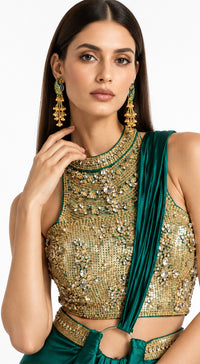 EMERALD GREEN EMBROIDERED DRAPED SAREE - BRV-4938-GREEN - image 2