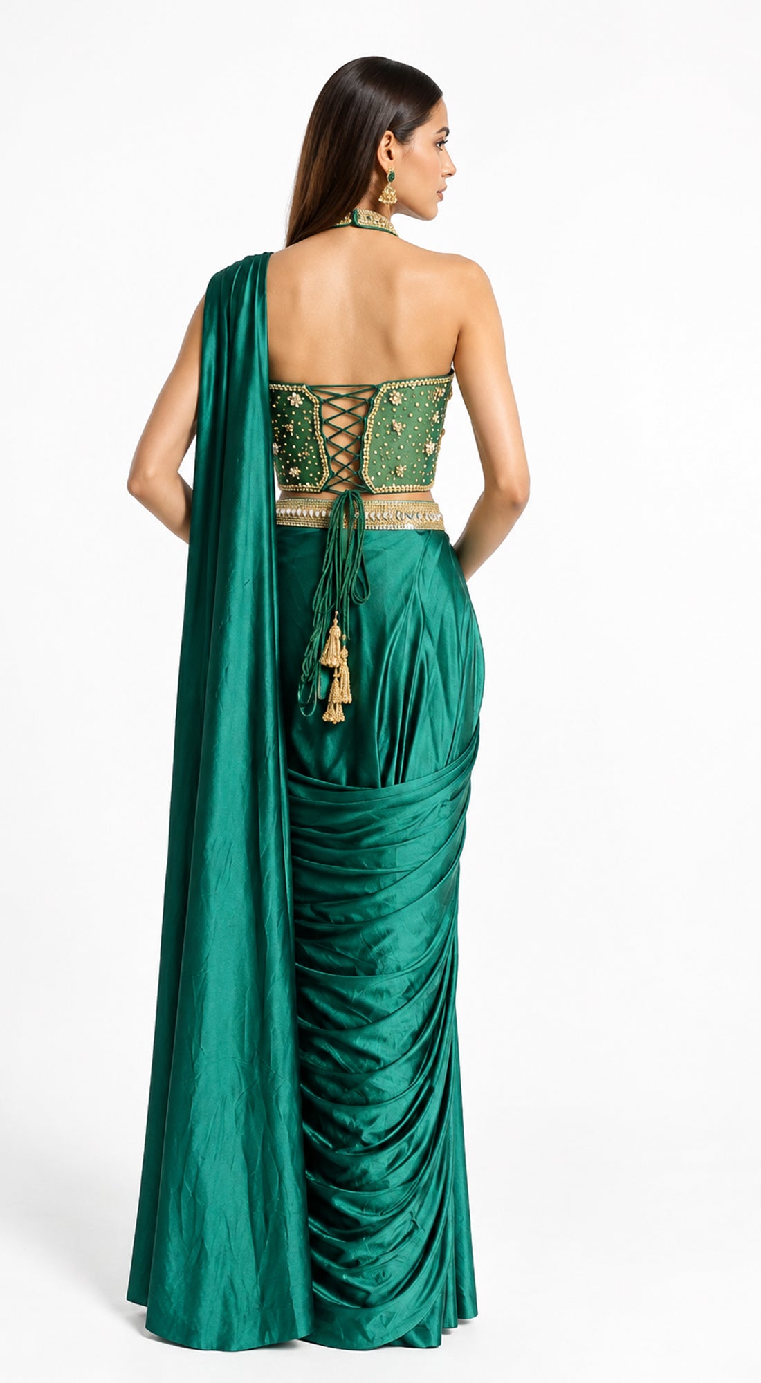 EMERALD GREEN EMBROIDERED DRAPED SAREE - BRV-4938-GREEN - image 4