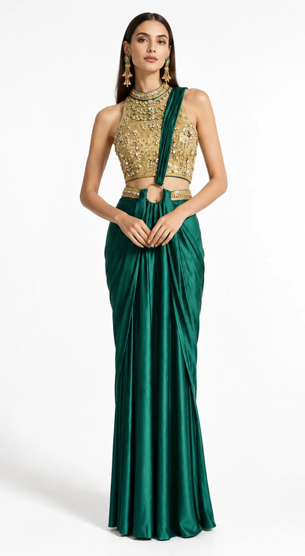 EMERALD GREEN EMBROIDERED DRAPED SAREE - BRV-4938-GREEN - image 1