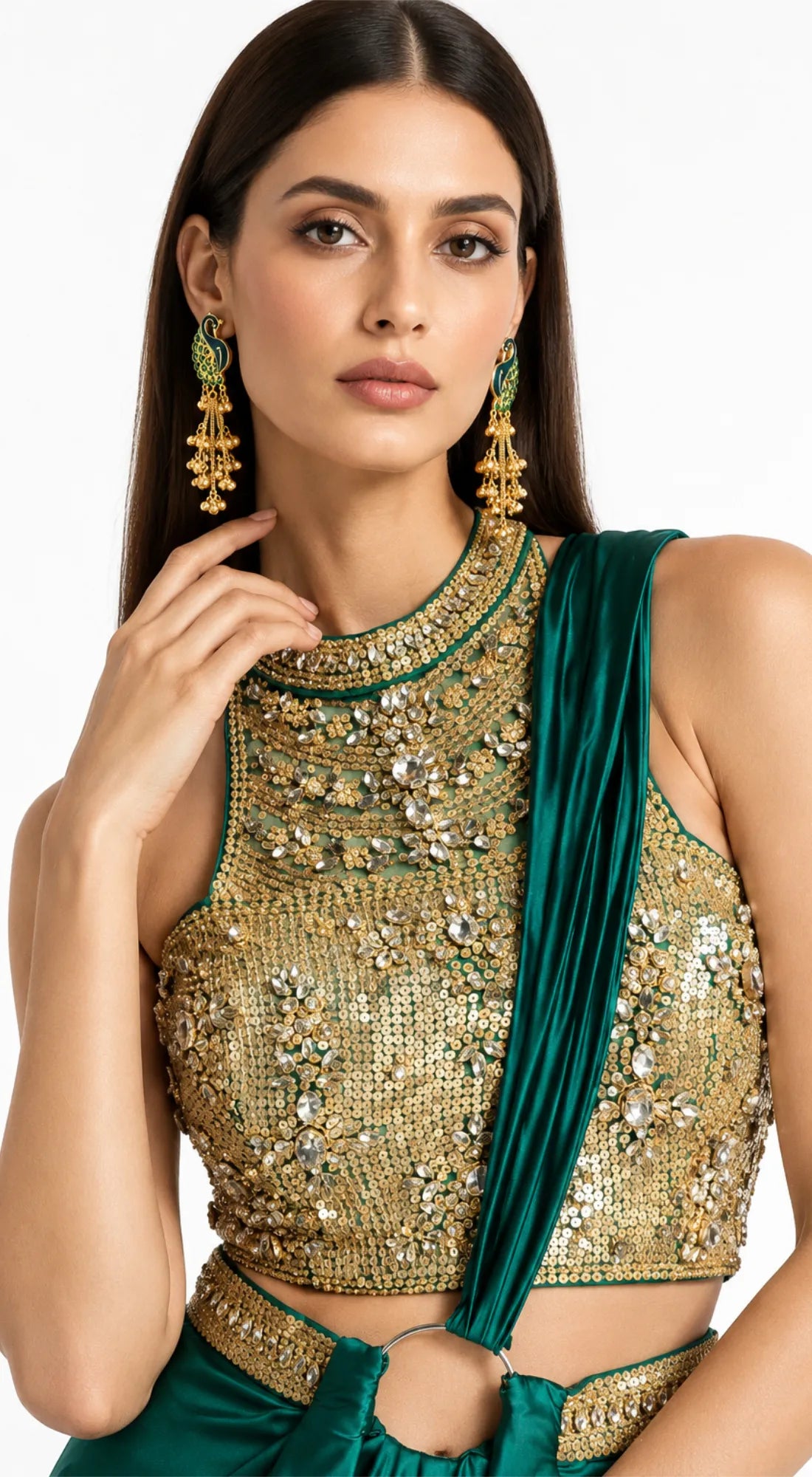 EMERALD GREEN EMBROIDERED DRAPED SAREE - BRV-4938-GREEN - image 2