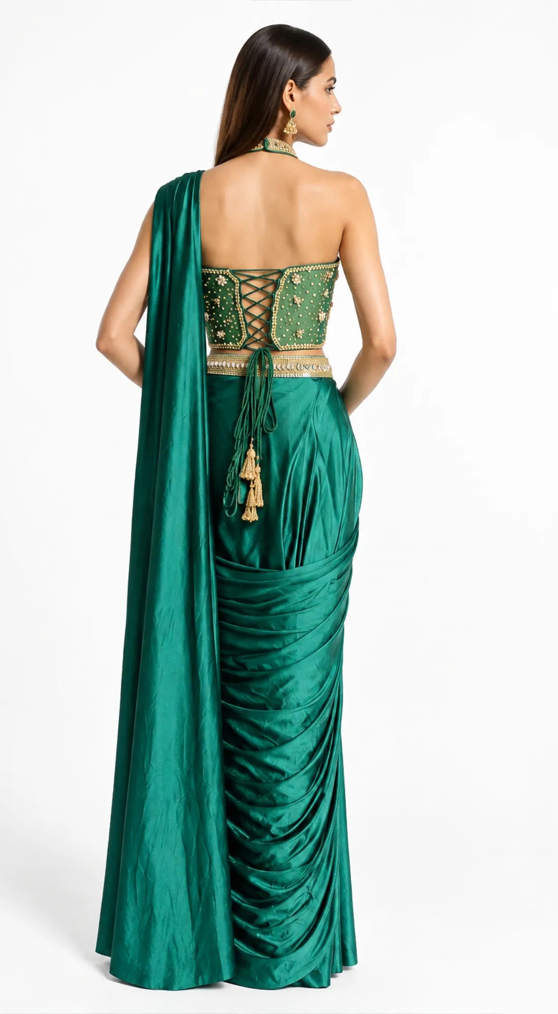 EMERALD GREEN EMBROIDERED DRAPED SAREE - BRV-4938-GREEN - image 4