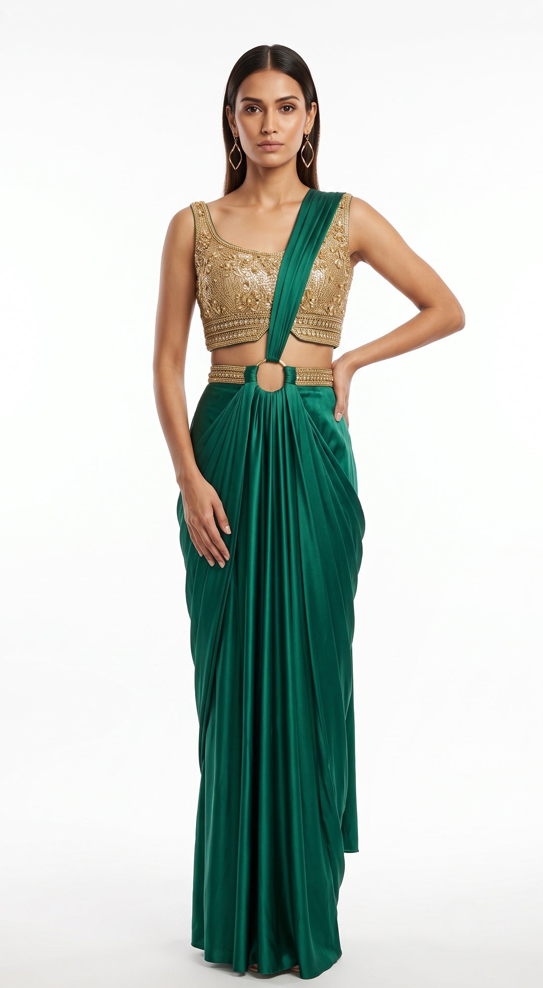EMERALD GREEN EMBROIDERED DRAPED SAREE - BRV-4939-GREEN - image 1