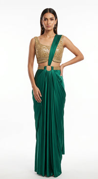 EMERALD GREEN EMBROIDERED DRAPED SAREE - BRV-4939-GREEN - image 1