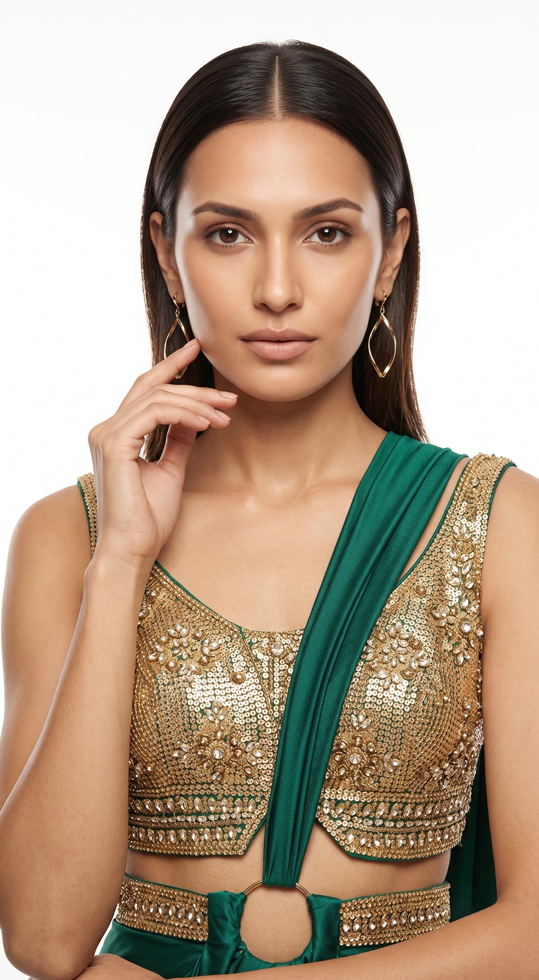 EMERALD GREEN EMBROIDERED DRAPED SAREE - BRV-4939-GREEN - image 2