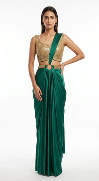 EMERALD GREEN EMBROIDERED DRAPED SAREE - BRV-4939-GREEN - image 1