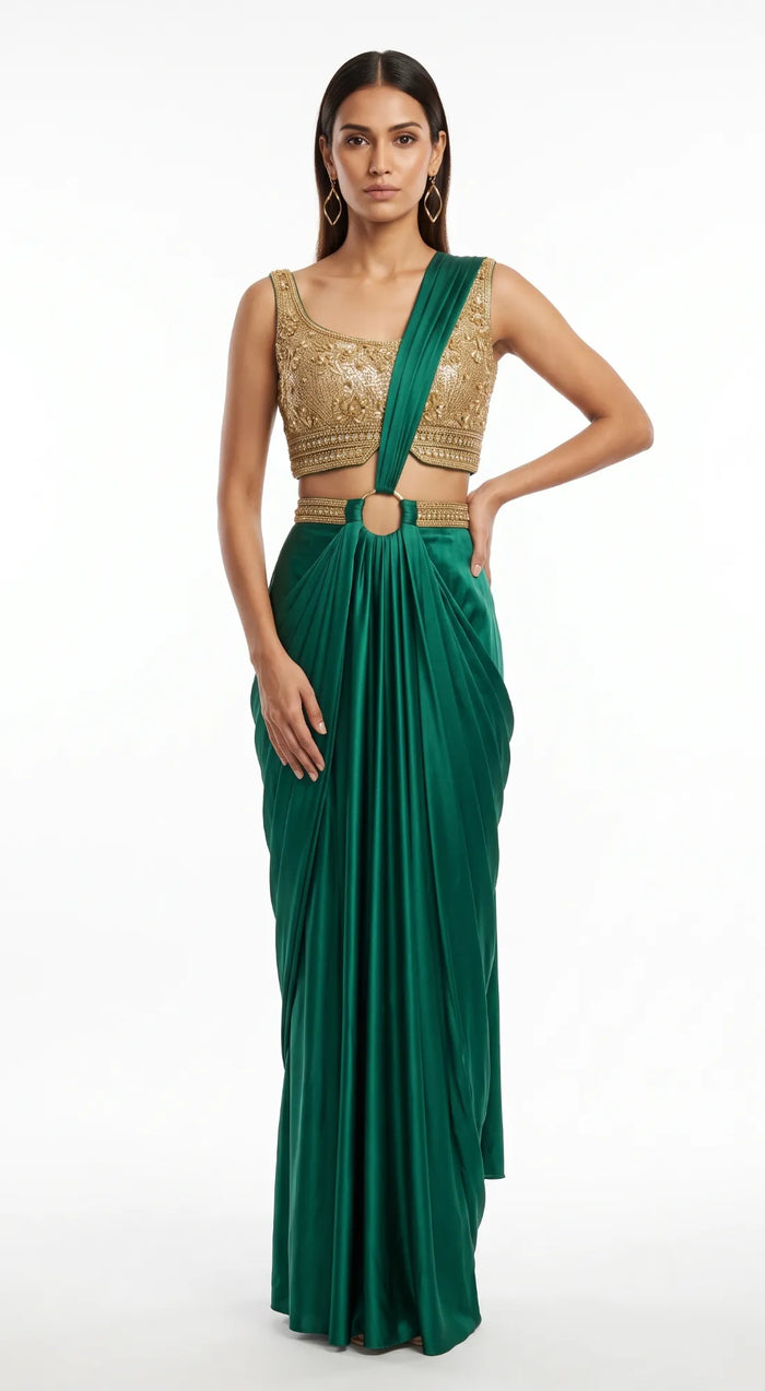 EMERALD GREEN EMBROIDERED DRAPED SAREE - BRV-4939-GREEN - image 1