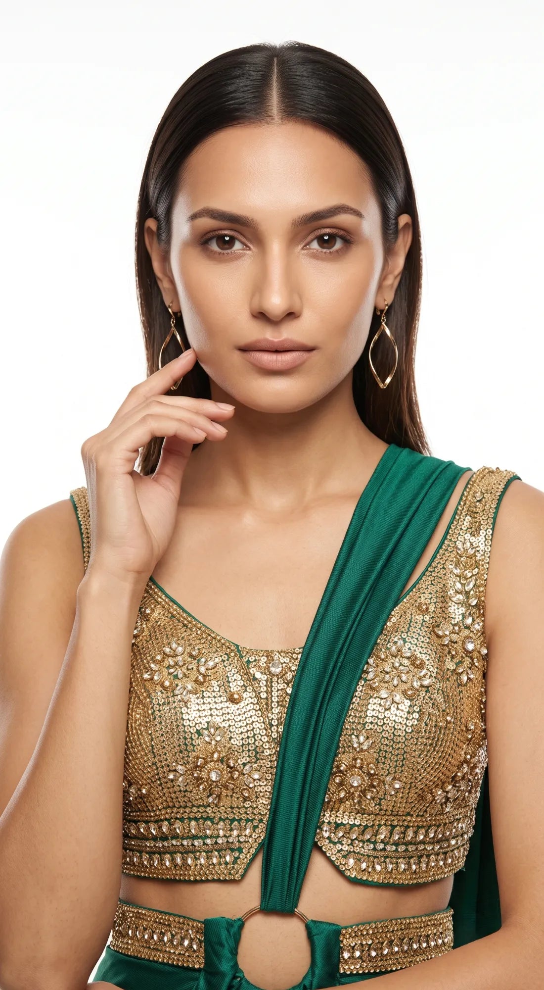 EMERALD GREEN EMBROIDERED DRAPED SAREE - BRV-4939-GREEN - image 2