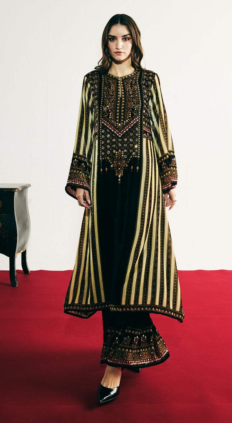 Black Velvet Embroidered Kurta Set