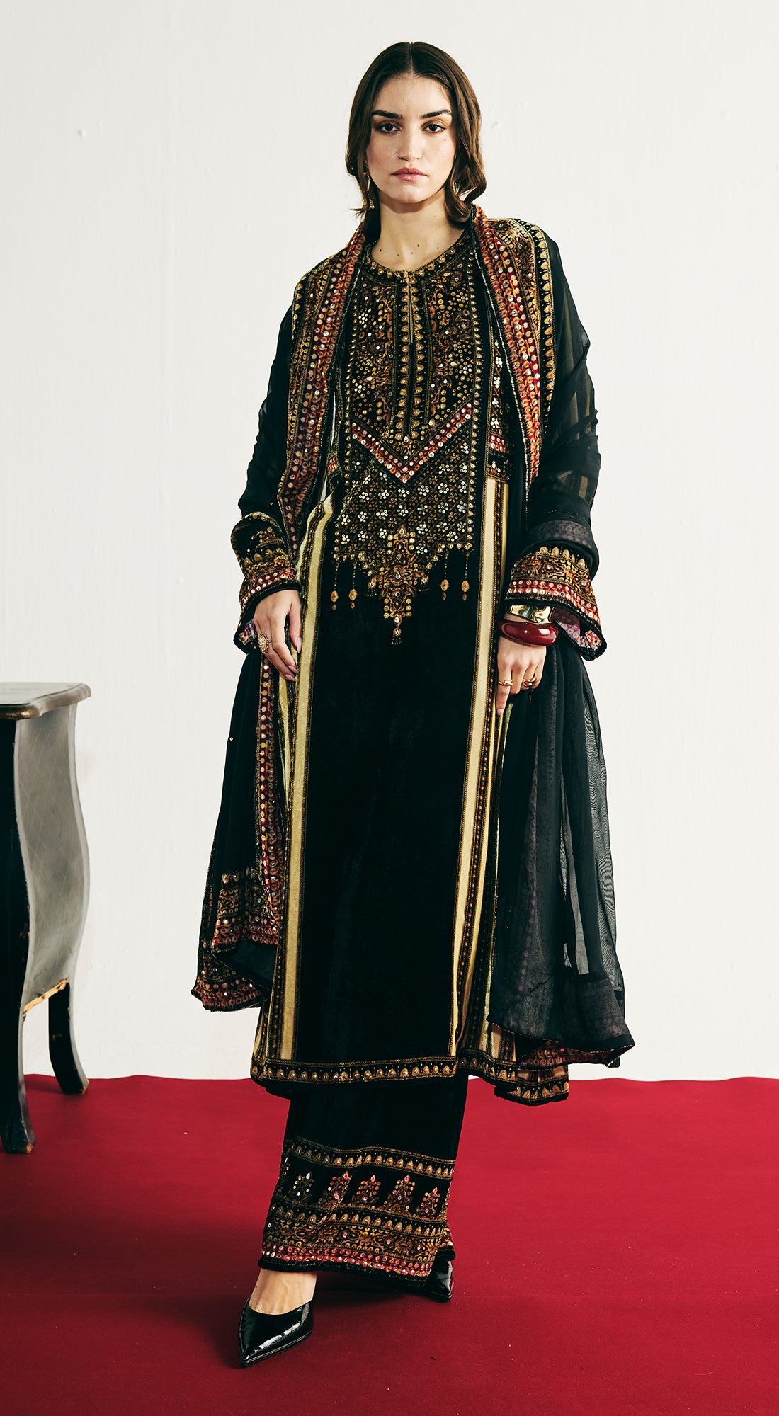 Black Velvet Embroidered Kurta Set