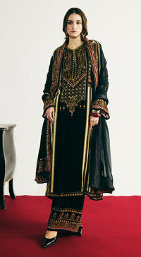 Black Velvet Embroidered Kurta Set