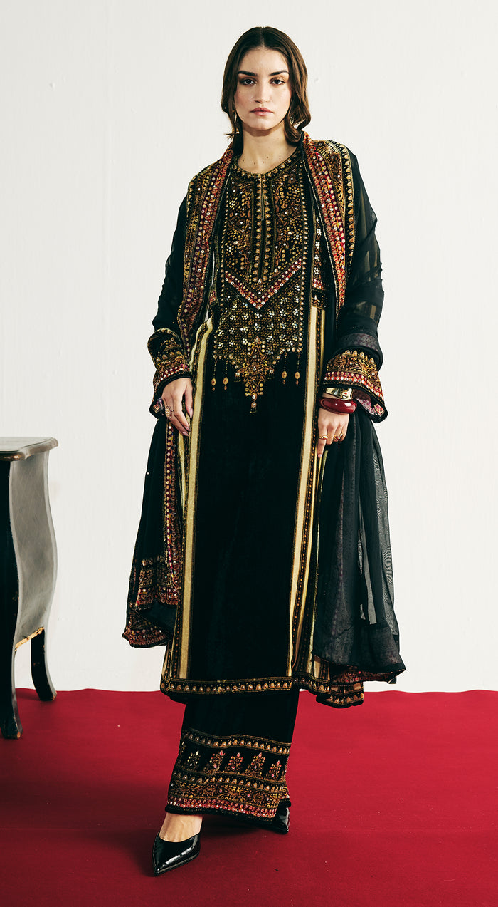 Black Velvet Embroidered Kurta Set