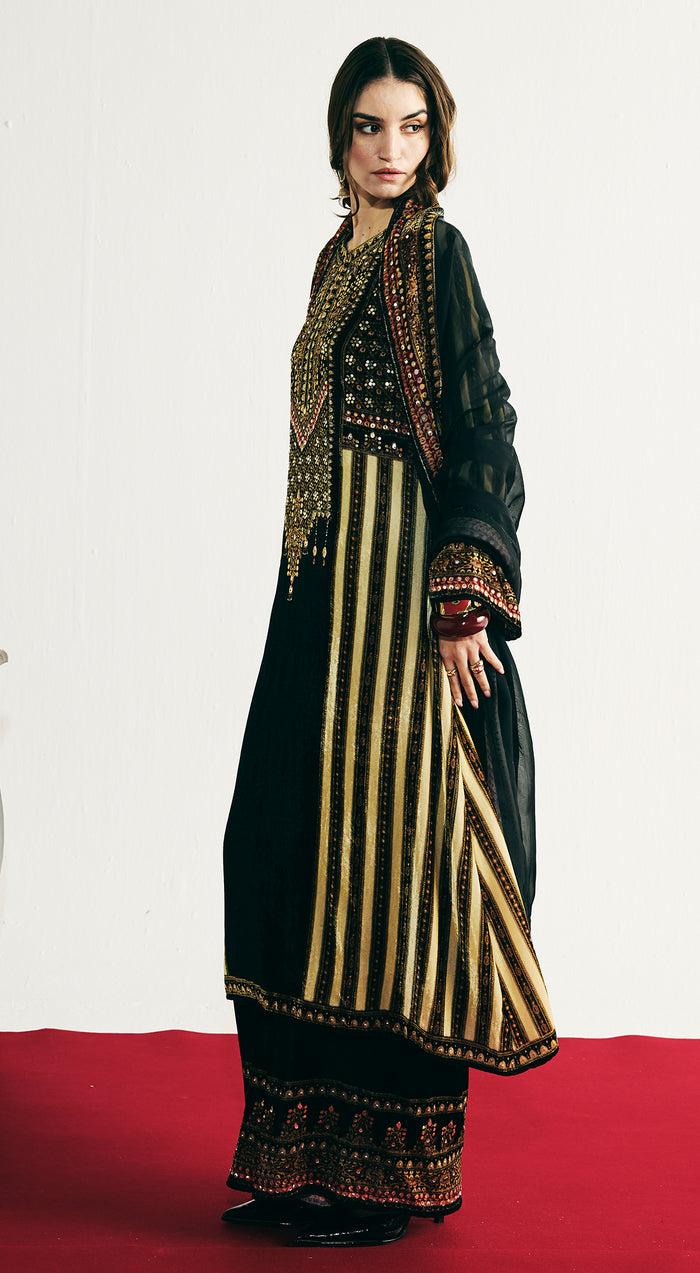 Black Velvet Embroidered Kurta Set