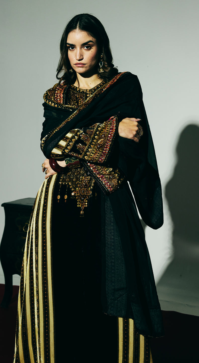Black Velvet Embroidered Kurta Set
