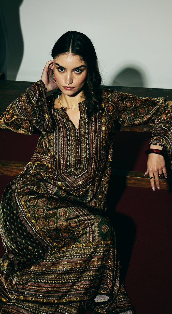 Green Velvet Embroidered Kurta Set