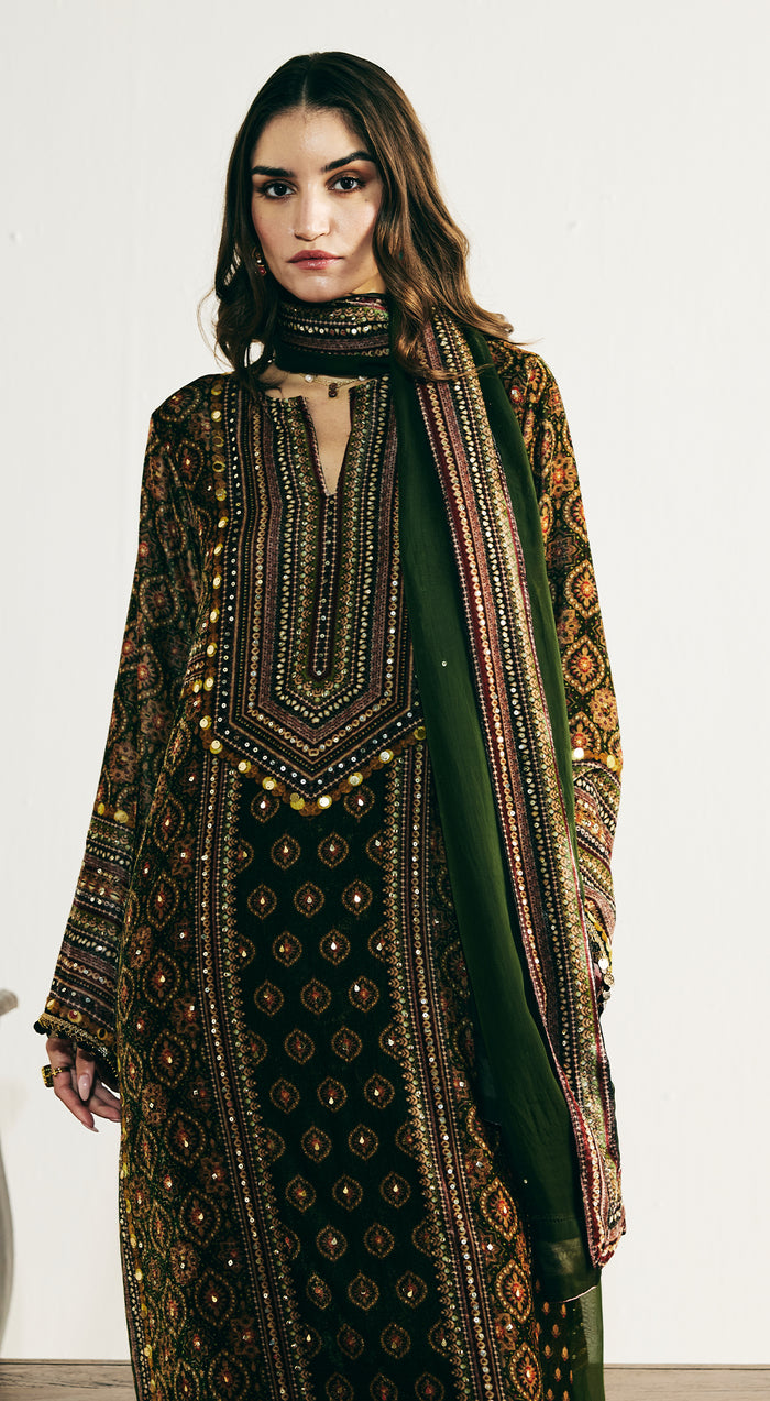 Green Velvet Embroidered Kurta Set