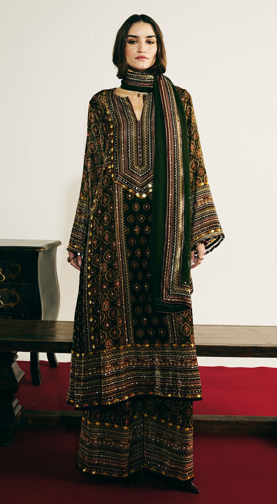 Green Velvet Embroidered Kurta Set