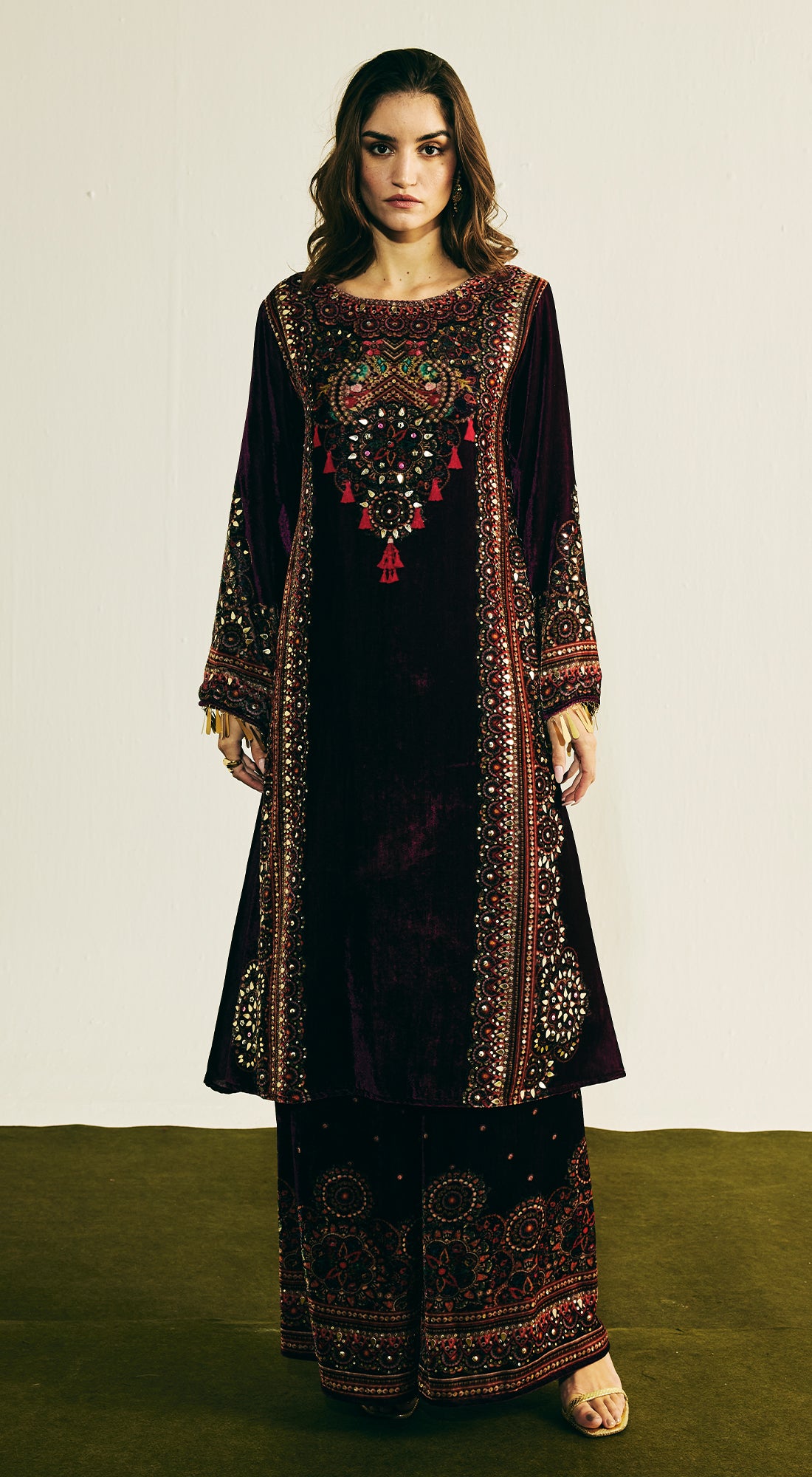 Purple Velvet Embroidered Kurta Set