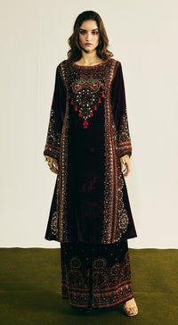 Purple Velvet Embroidered Kurta Set