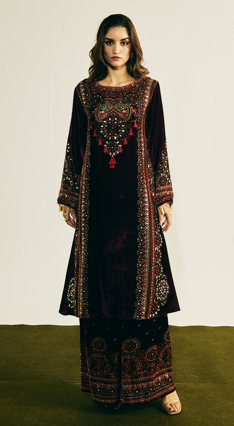 Purple Velvet Embroidered Kurta Set