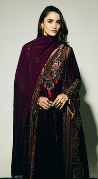 Purple Velvet Embroidered Kurta Set