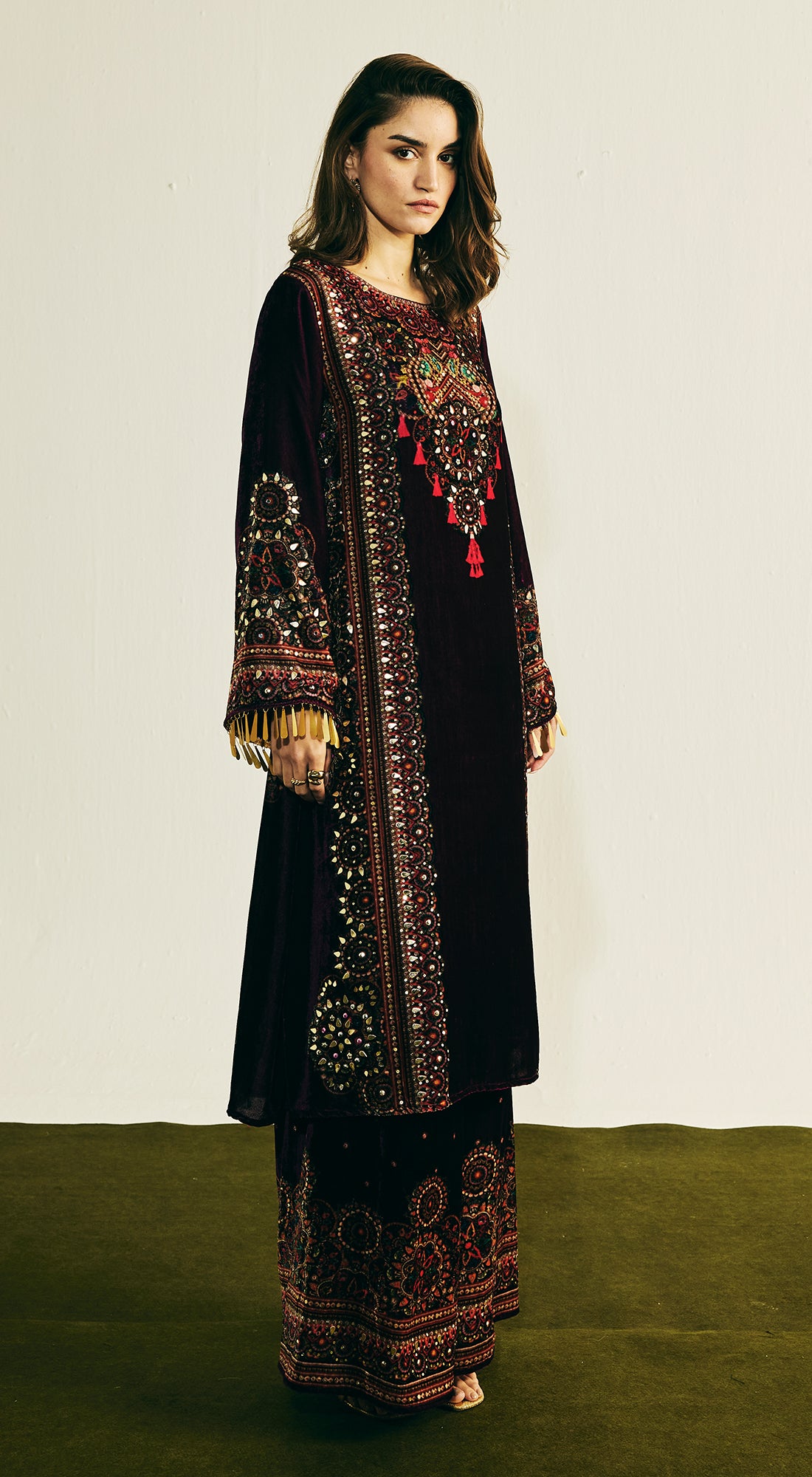 Purple Velvet Embroidered Kurta Set