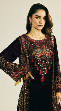 Purple Velvet Embroidered Kurta Set