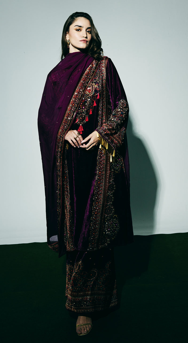Purple Velvet Embroidered Kurta Set