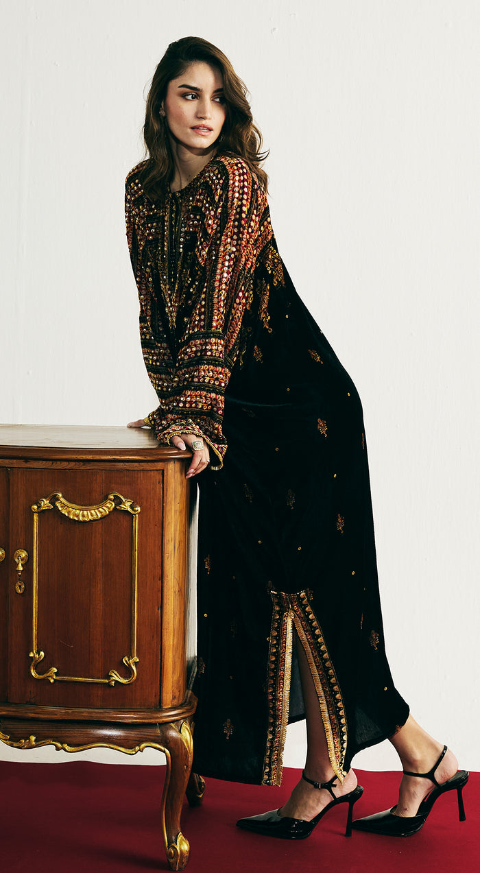 Black Velvet Embroidered Straight Kurta