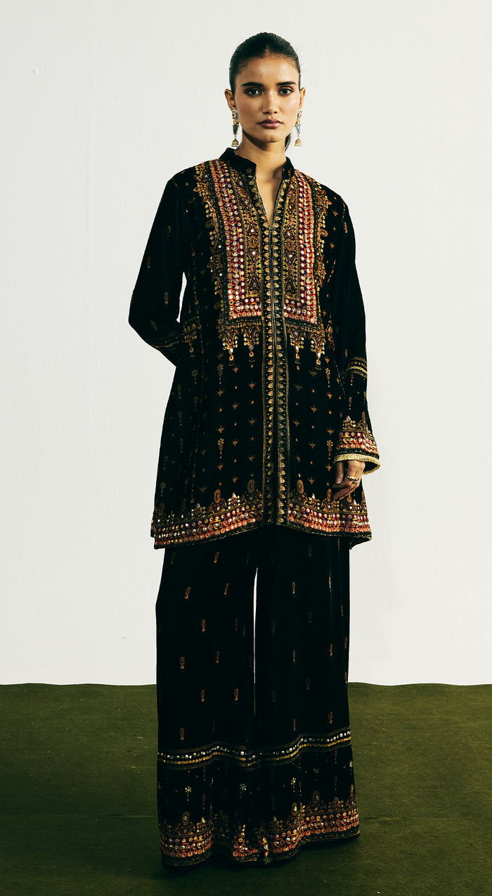 Black Velvet Embroidered Kurta Set