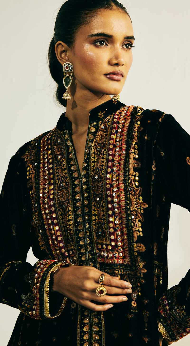 Black Velvet Embroidered Kurta Set